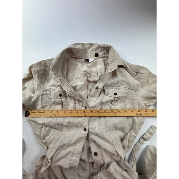 Saks Fifth Avenue Threads 100% Linen Maxi Shirt Dress Beige Tan Size 8 Button Up - Picture 3 of 6